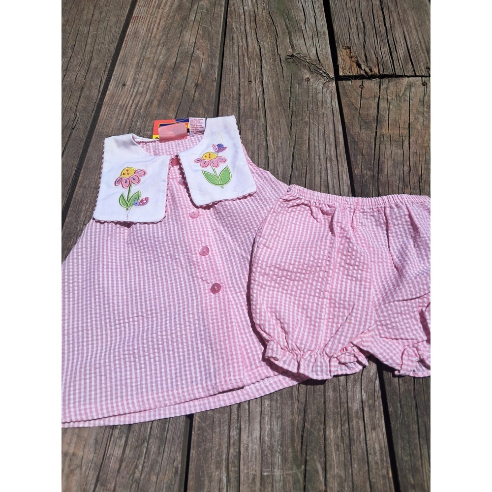 Vintage Samara Baby Girls Sun Dress Size 12 M Gingham Seersucker Pink Flowers 5c